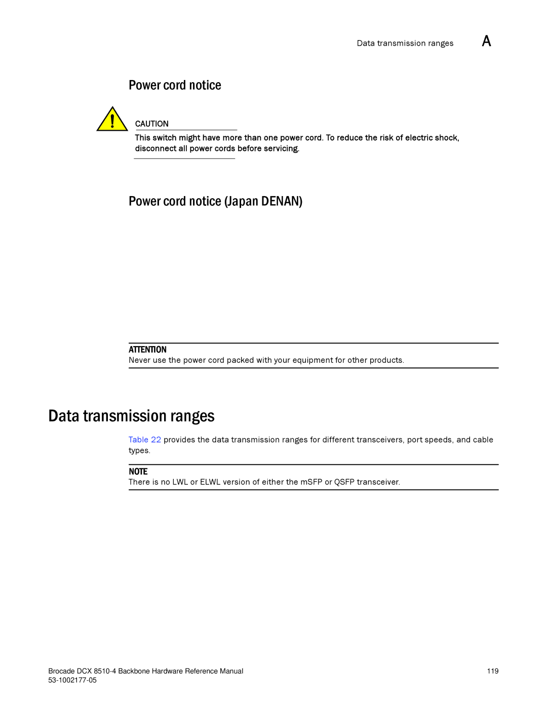 Brocade Communications Systems DCX 8510-4 manual Data transmission ranges, Power cord notice Japan Denan 