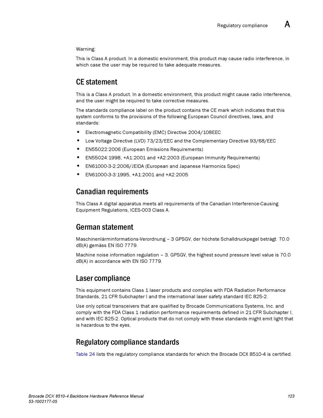 Brocade Communications Systems DCX 8510-4 manual CE statement, Canadian requirements, German statement, Laser compliance 