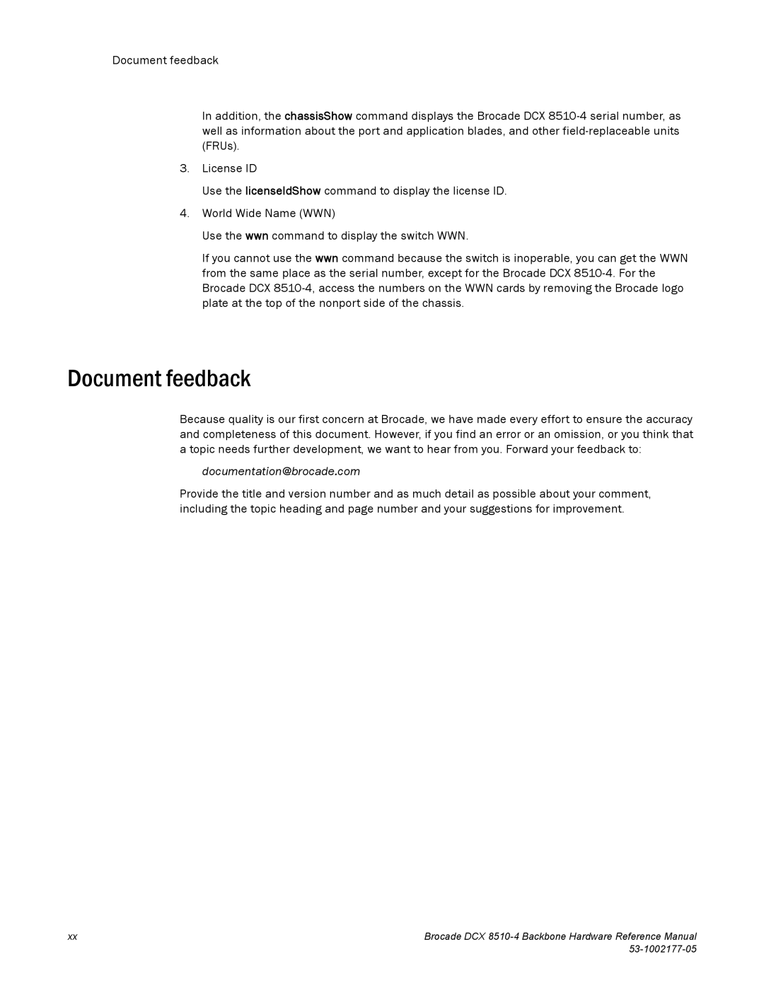 Brocade Communications Systems DCX 8510-4 manual Document feedback, Documentation@brocade.com 