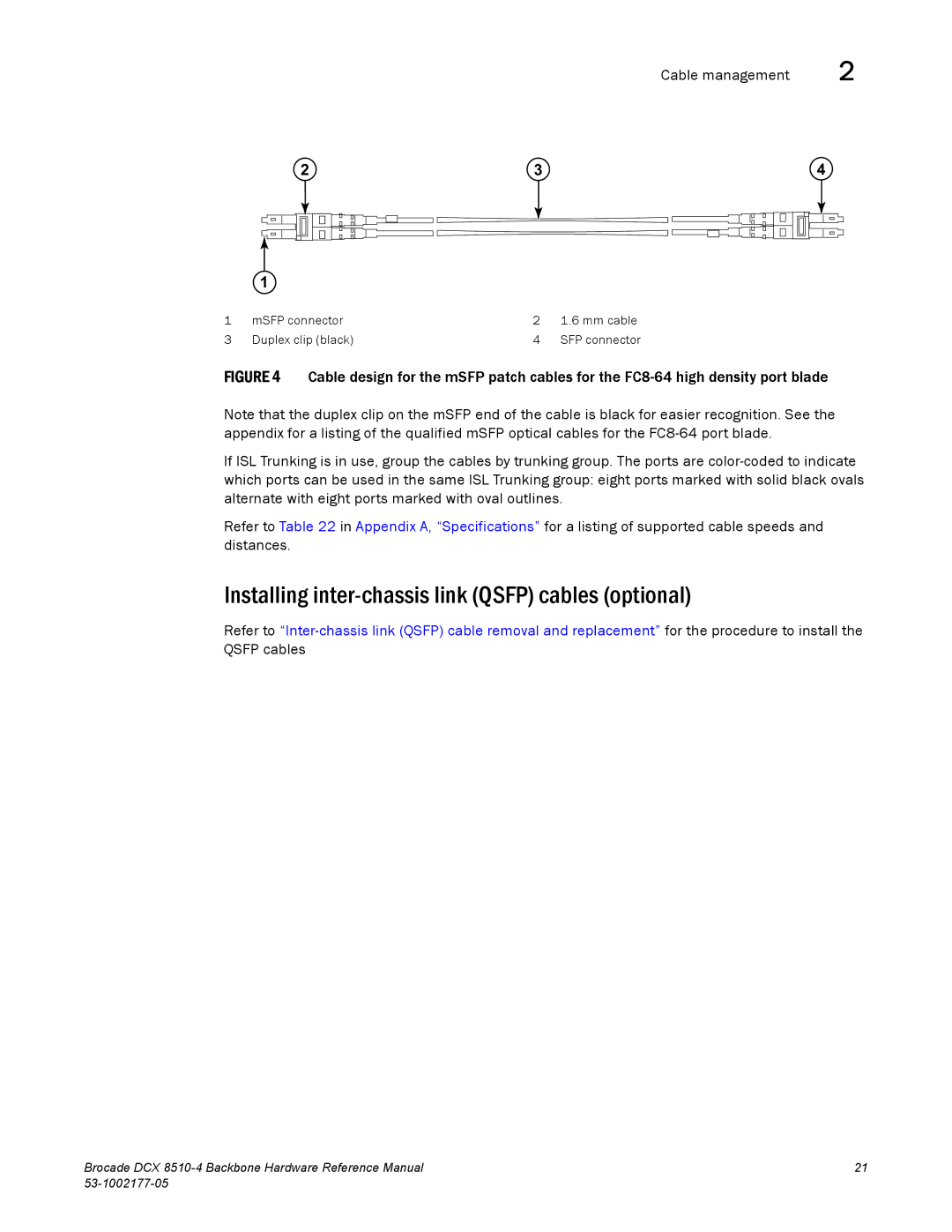 Brocade Communications Systems DCX 8510-4 manual Installing inter-chassis link Qsfp cables optional, Cable management 