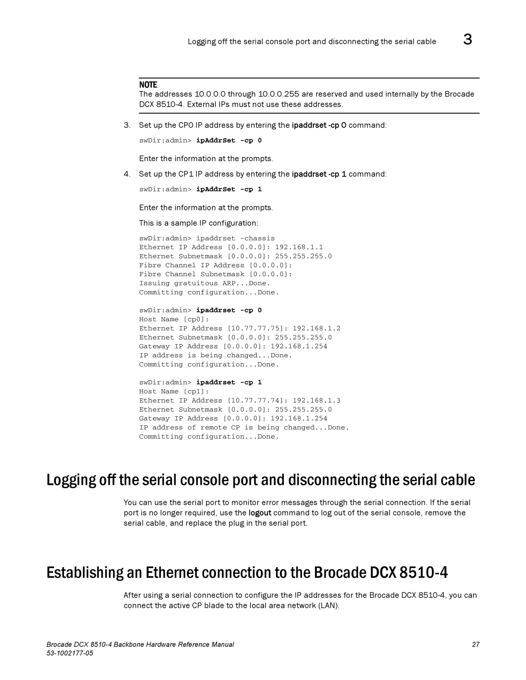 Brocade Communications Systems DCX 8510-4 manual Establishing an Ethernet connection to the Brocade DCX 