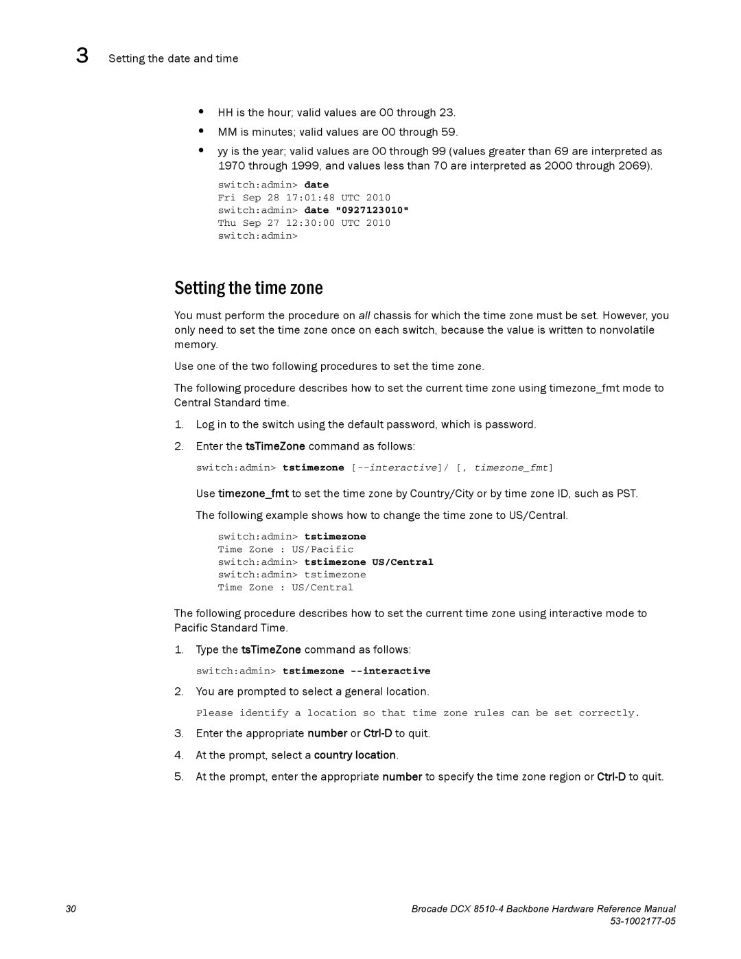 Brocade Communications Systems DCX 8510-4 manual Setting the time zone, You are prompted to select a general location 