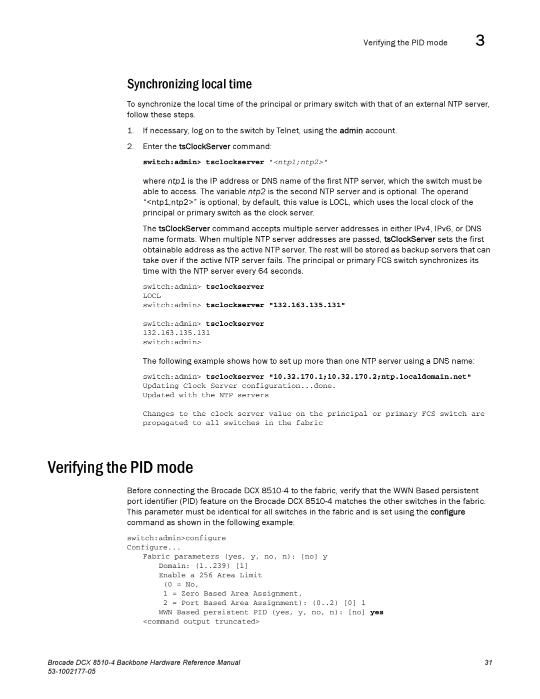 Brocade Communications Systems DCX 8510-4 manual Verifying the PID mode, Synchronizing local time 