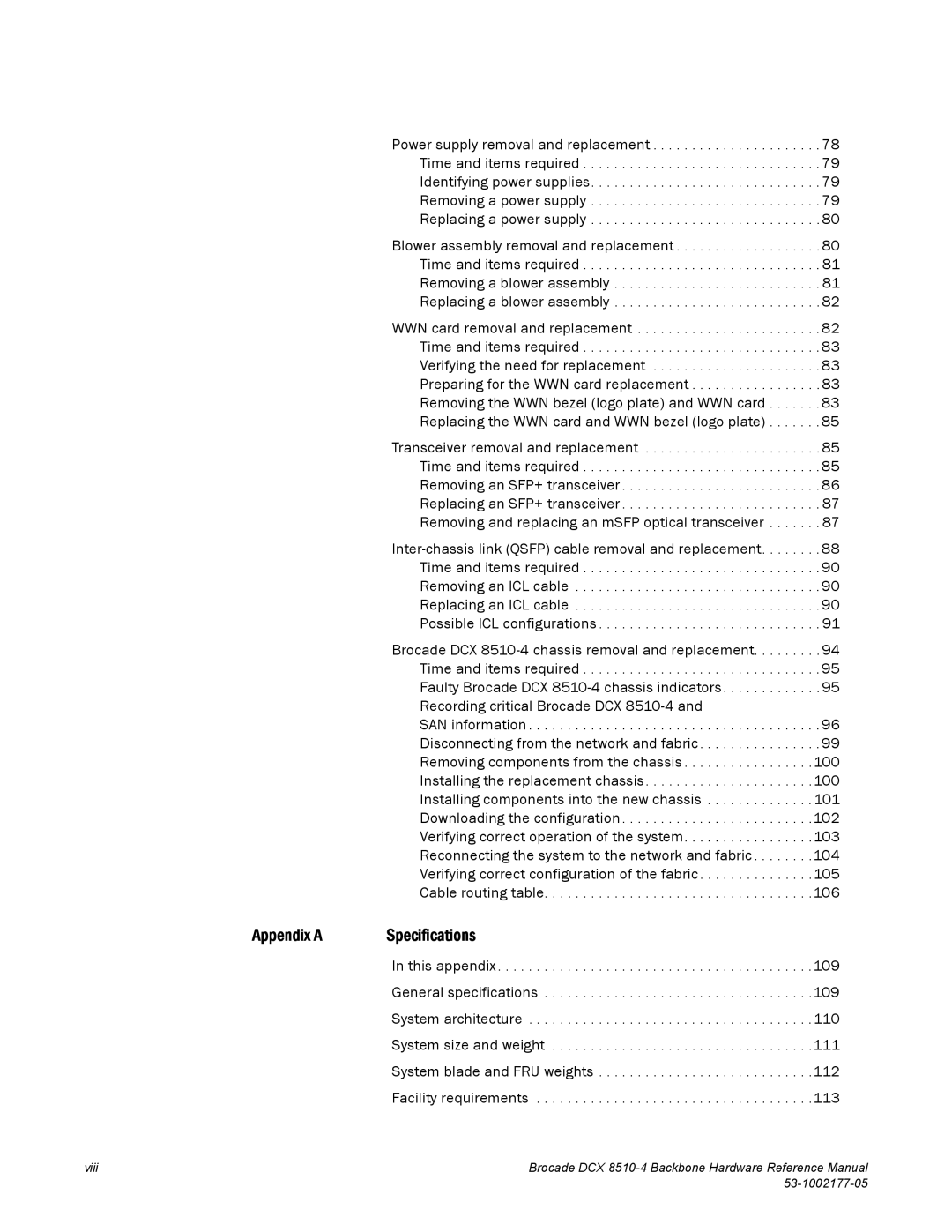 Brocade Communications Systems DCX 8510-4 manual Appendix a Specifications 