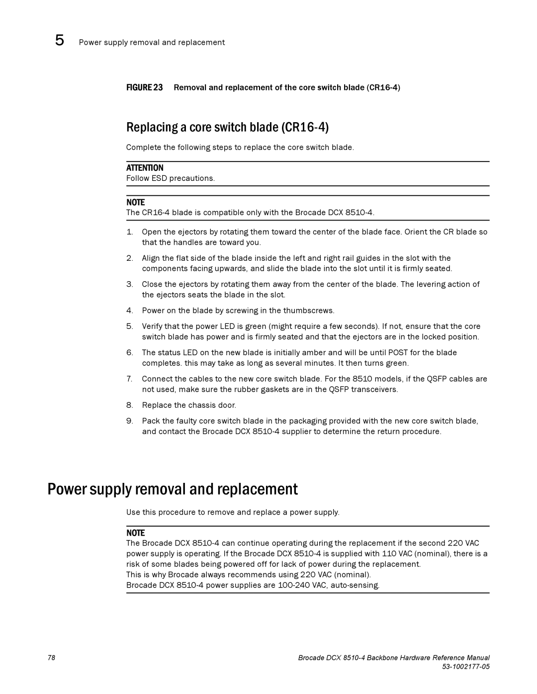 Brocade Communications Systems DCX 8510-4 manual Power supply removal and replacement, Replacing a core switch blade CR16-4 