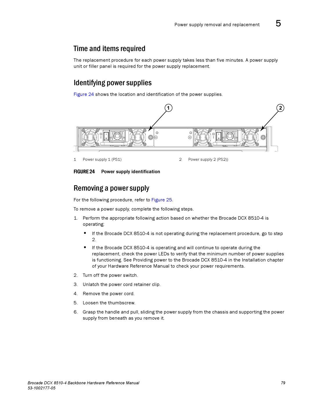 Brocade Communications Systems DCX 8510-4 manual Identifying power supplies, Removing a power supply 