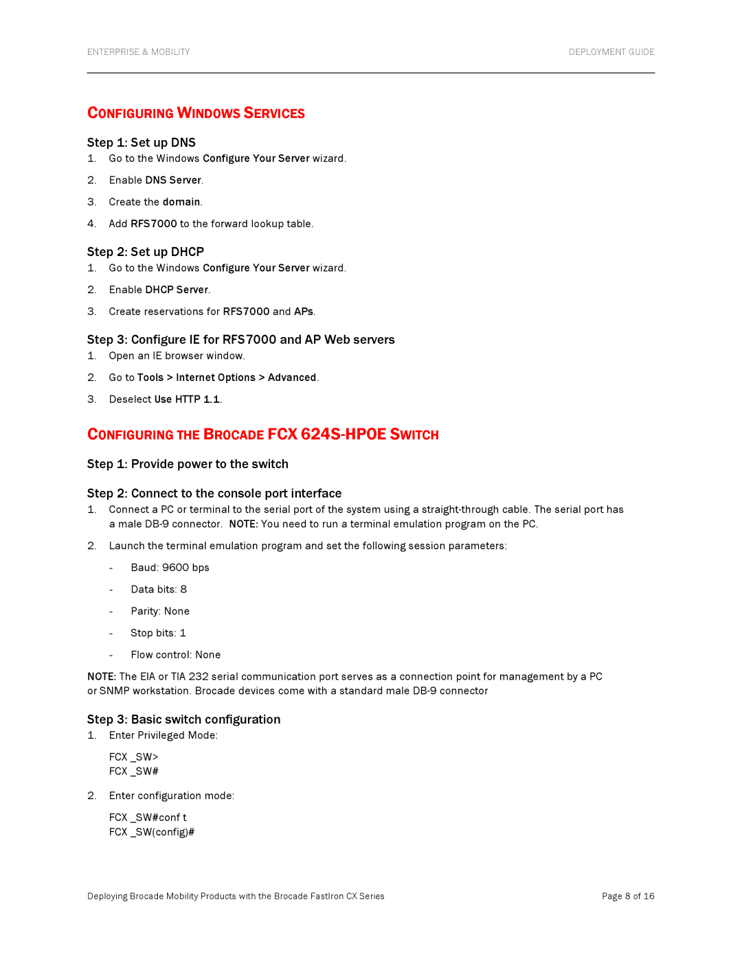 Brocade Communications Systems FCX624S-HPOE Configuring Windows Services, Configuring the Brocade FCX 624S-HPOE Switch 