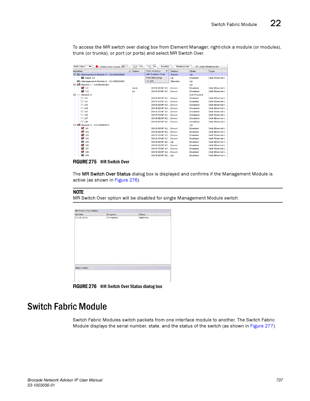 Brocade Communications Systems IP250 user manual Switch Fabric Module, MR Switch Over Status dialog box 