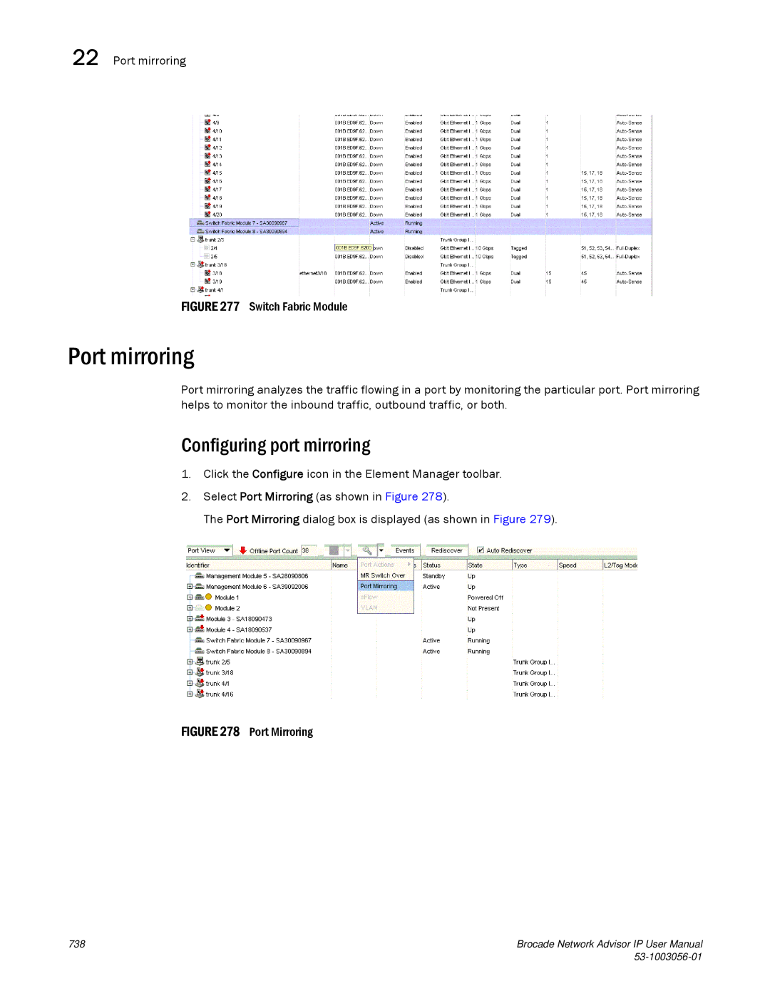 Brocade Communications Systems IP250 user manual Port mirroring, Configuring port mirroring 