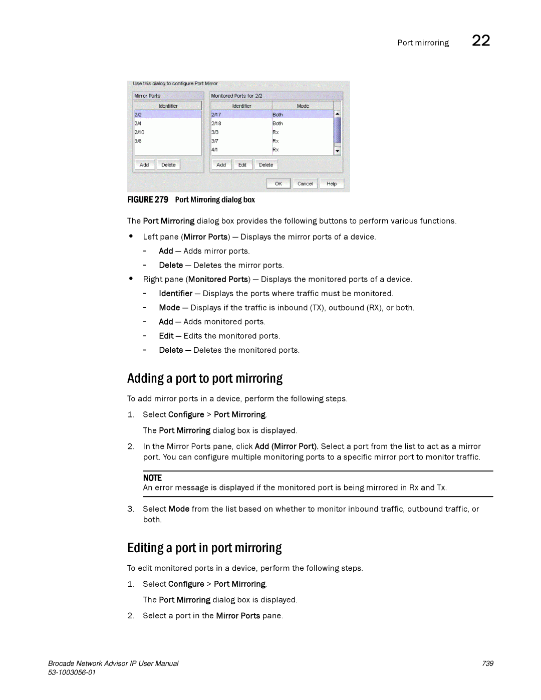 Brocade Communications Systems IP250 user manual Adding a port to port mirroring, Editing a port in port mirroring 