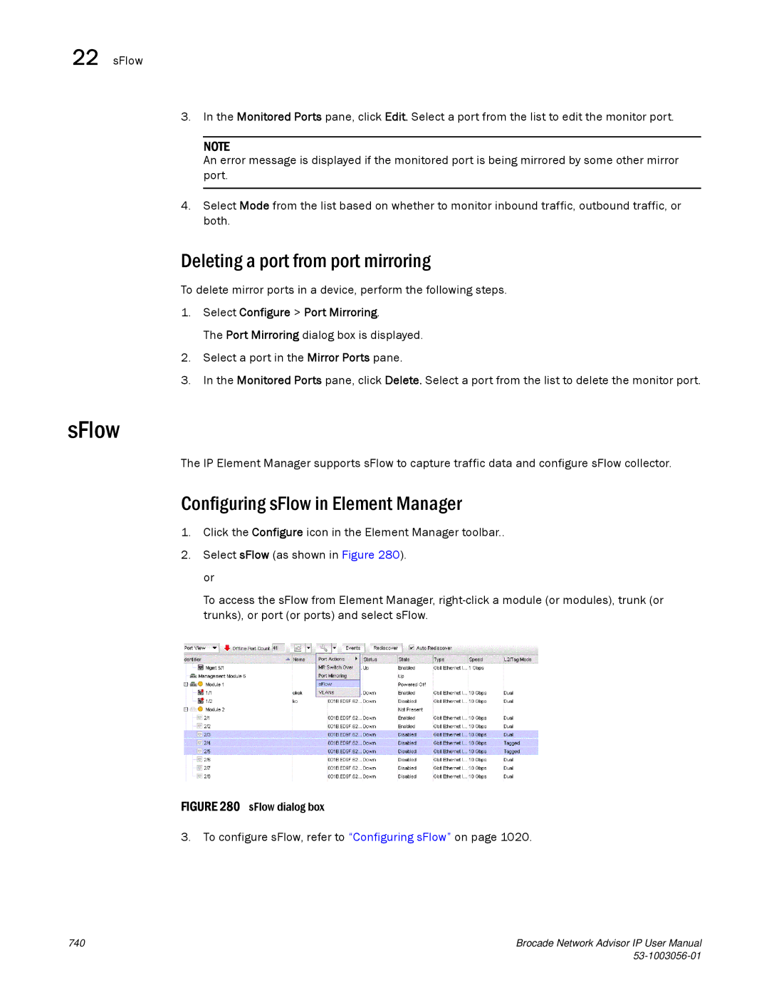 Brocade Communications Systems IP250 SFlow, Deleting a port from port mirroring, Configuring sFlow in Element Manager 