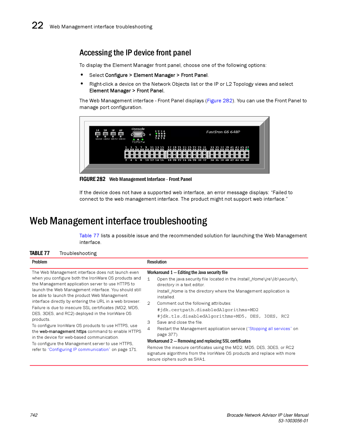 Brocade Communications Systems IP250 Web Management interface troubleshooting, Accessing the IP device front panel 