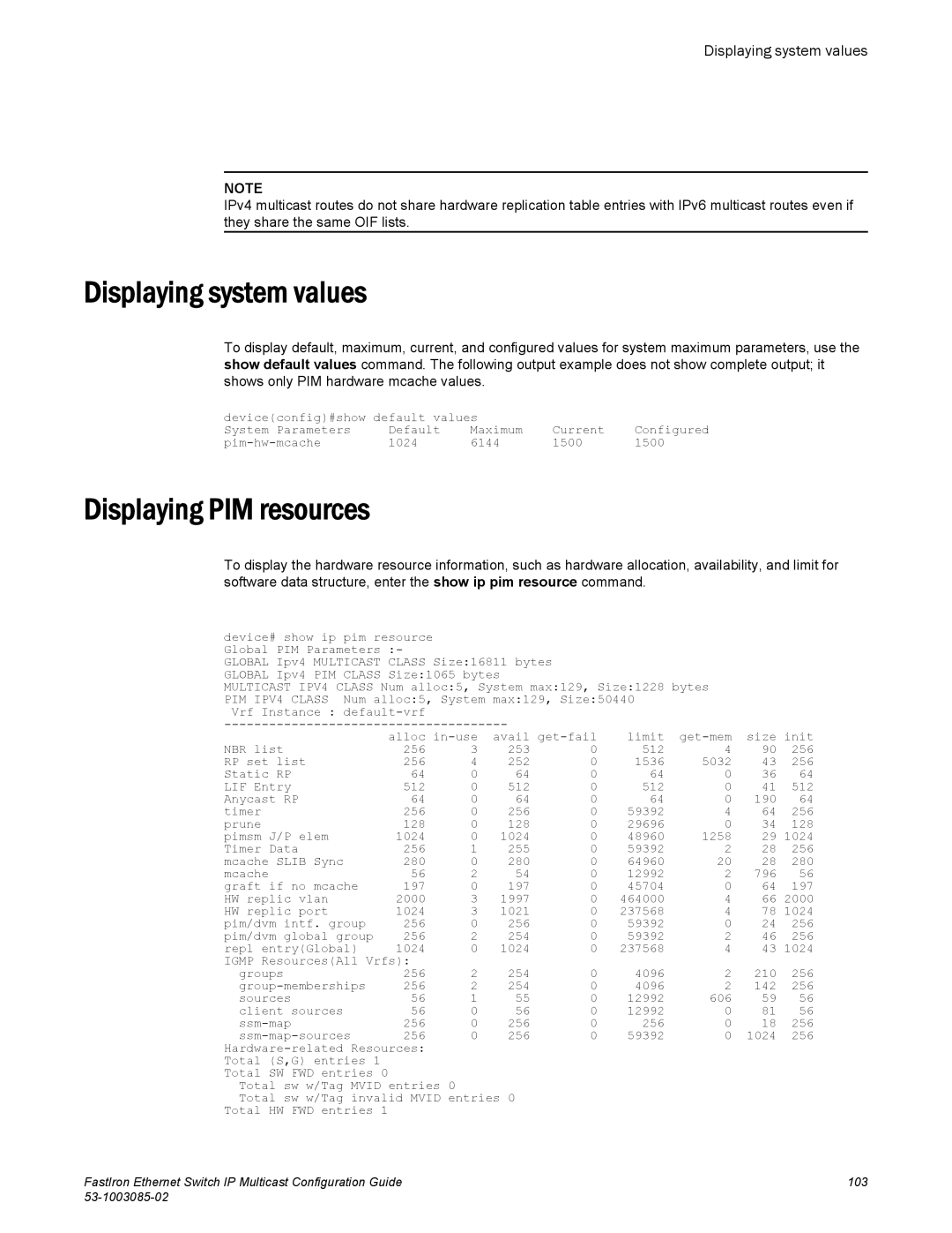 Brocade Communications Systems IPMC5000PEF manual Displaying system values, Displaying PIM resources 