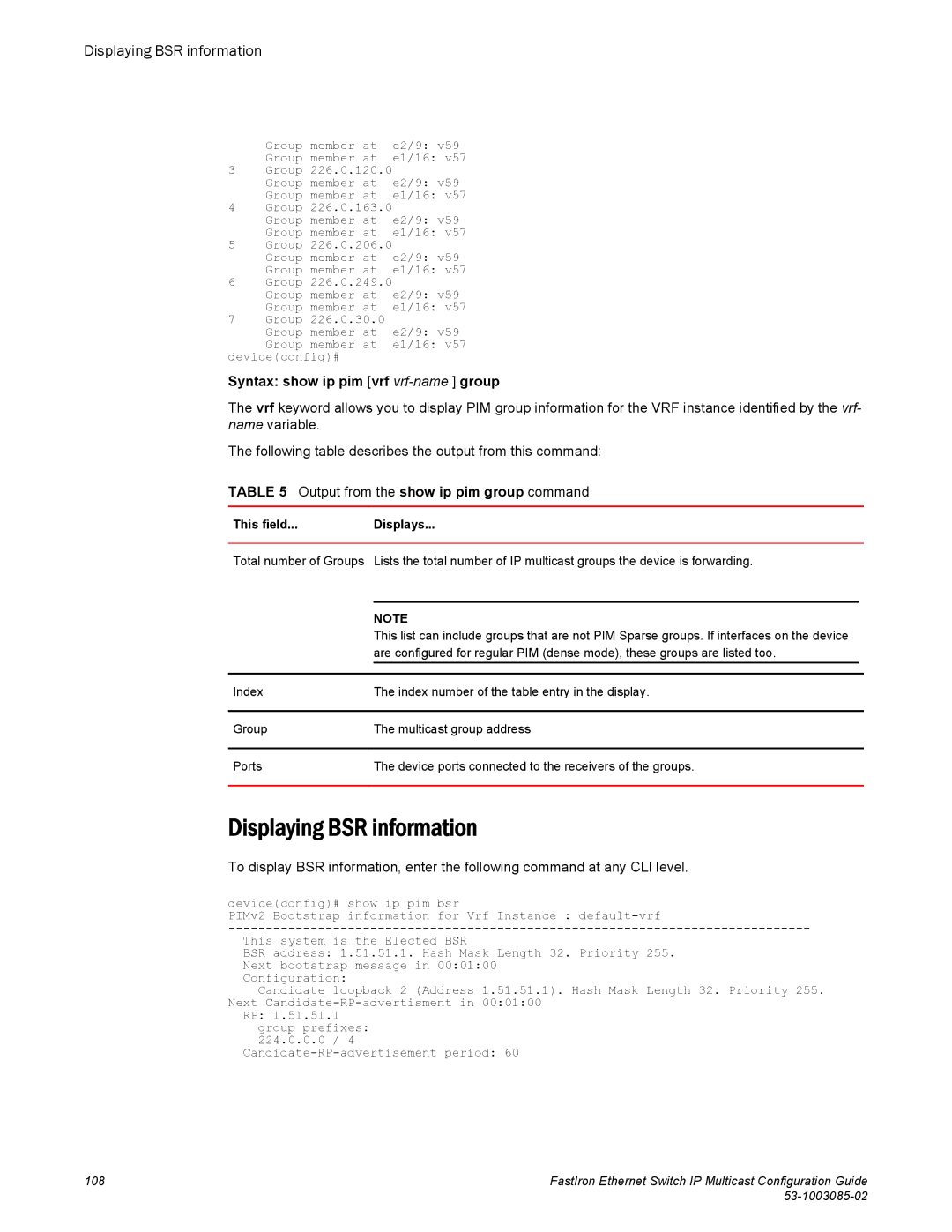 Brocade Communications Systems IPMC5000PEF manual Displaying BSR information, Syntax show ip pim vrf vrf-name group 