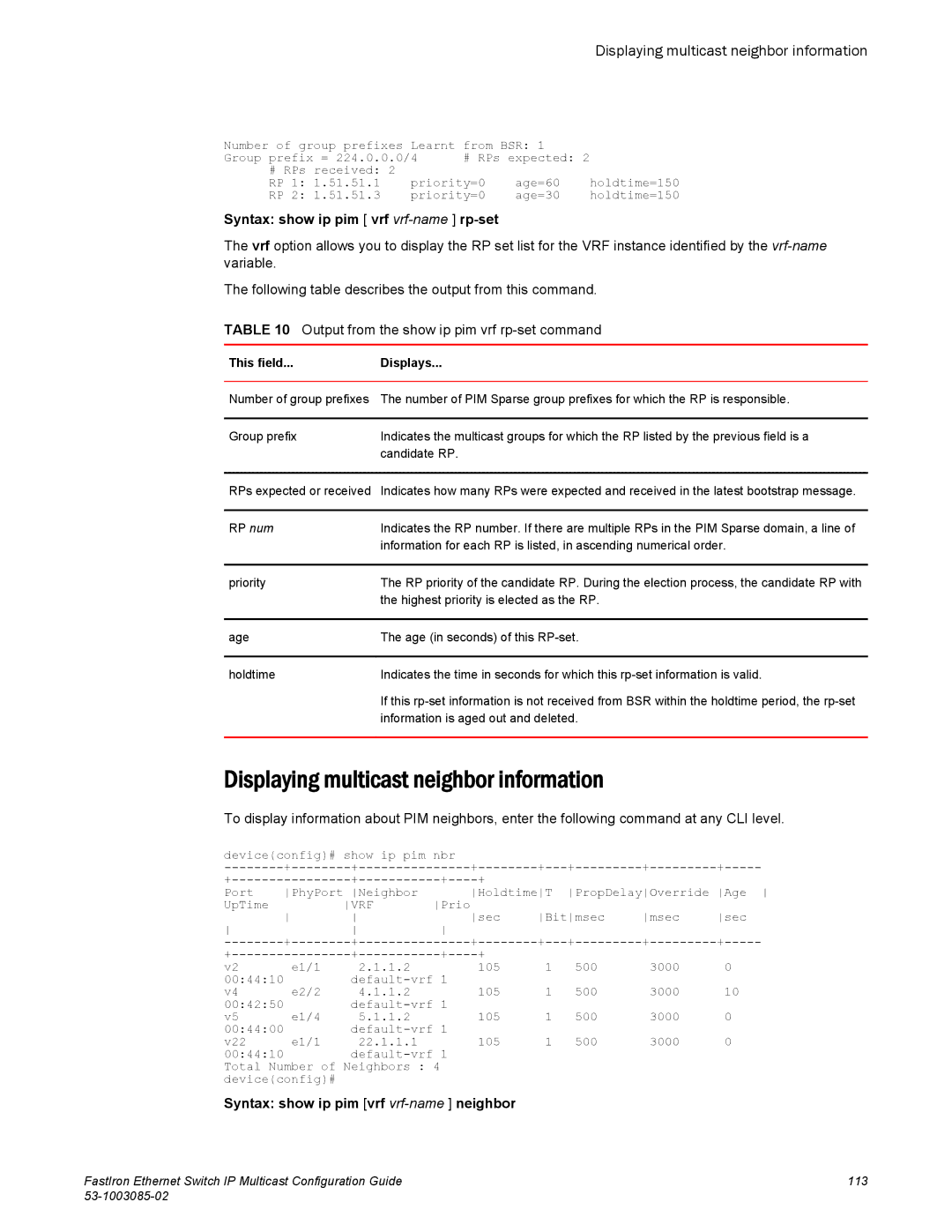 Brocade Communications Systems IPMC5000PEF manual Displaying multicast neighbor information 