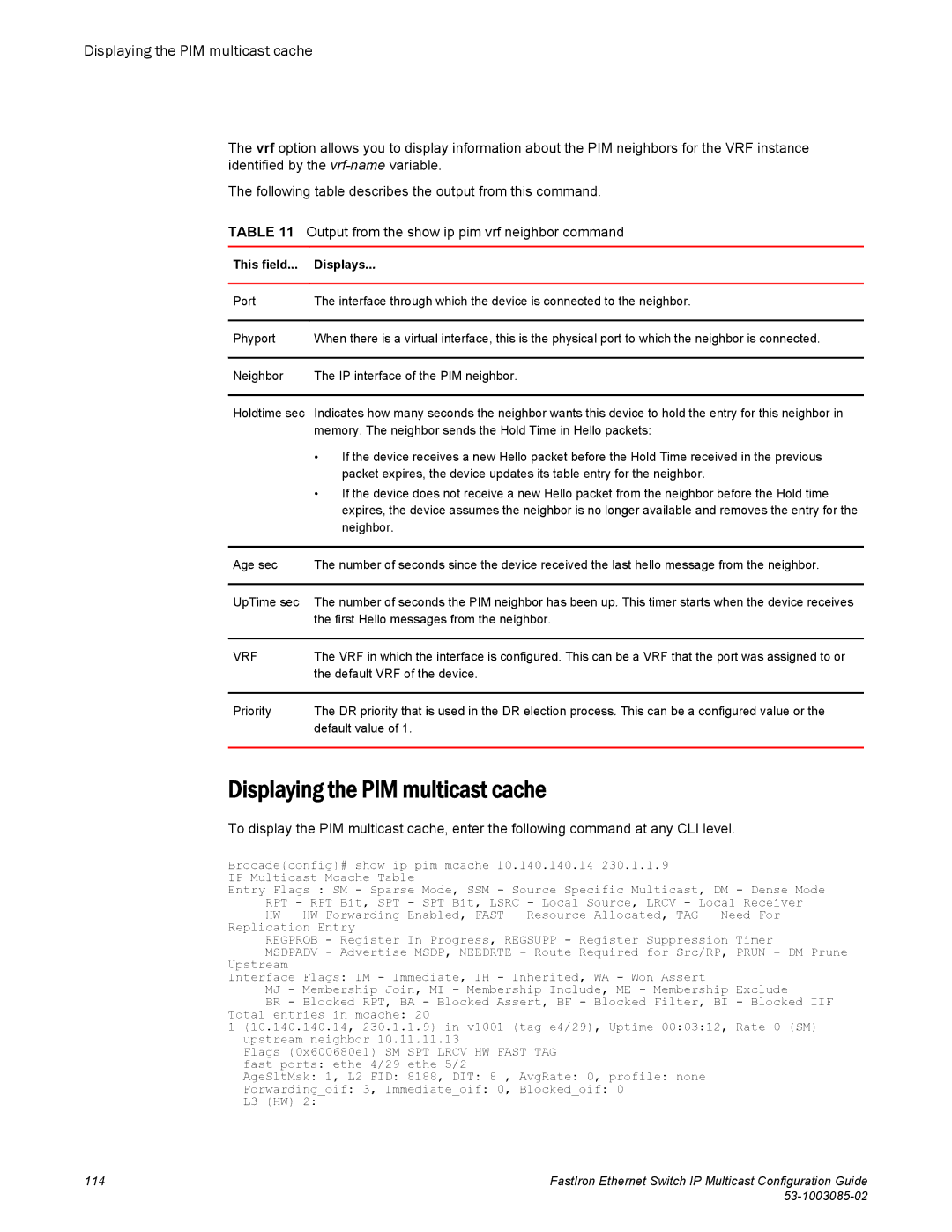 Brocade Communications Systems IPMC5000PEF manual Displaying the PIM multicast cache 