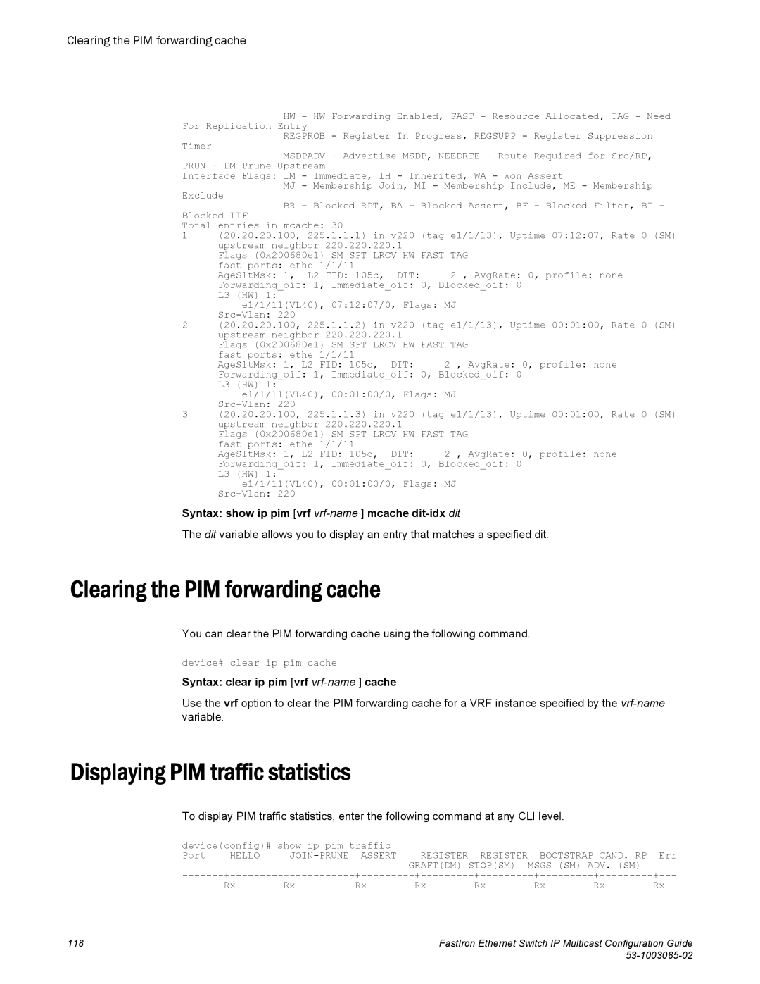 Brocade Communications Systems IPMC5000PEF manual Clearing the PIM forwarding cache, Displaying PIM traffic statistics 