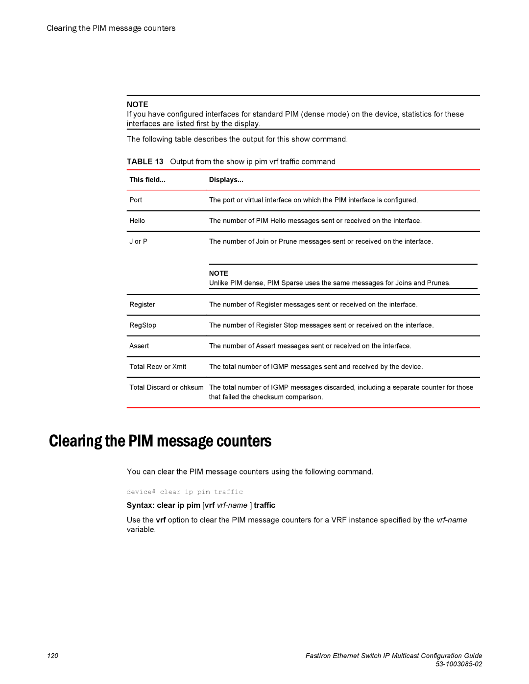 Brocade Communications Systems IPMC5000PEF Clearing the PIM message counters, Syntax clear ip pim vrf vrf-name traffic 