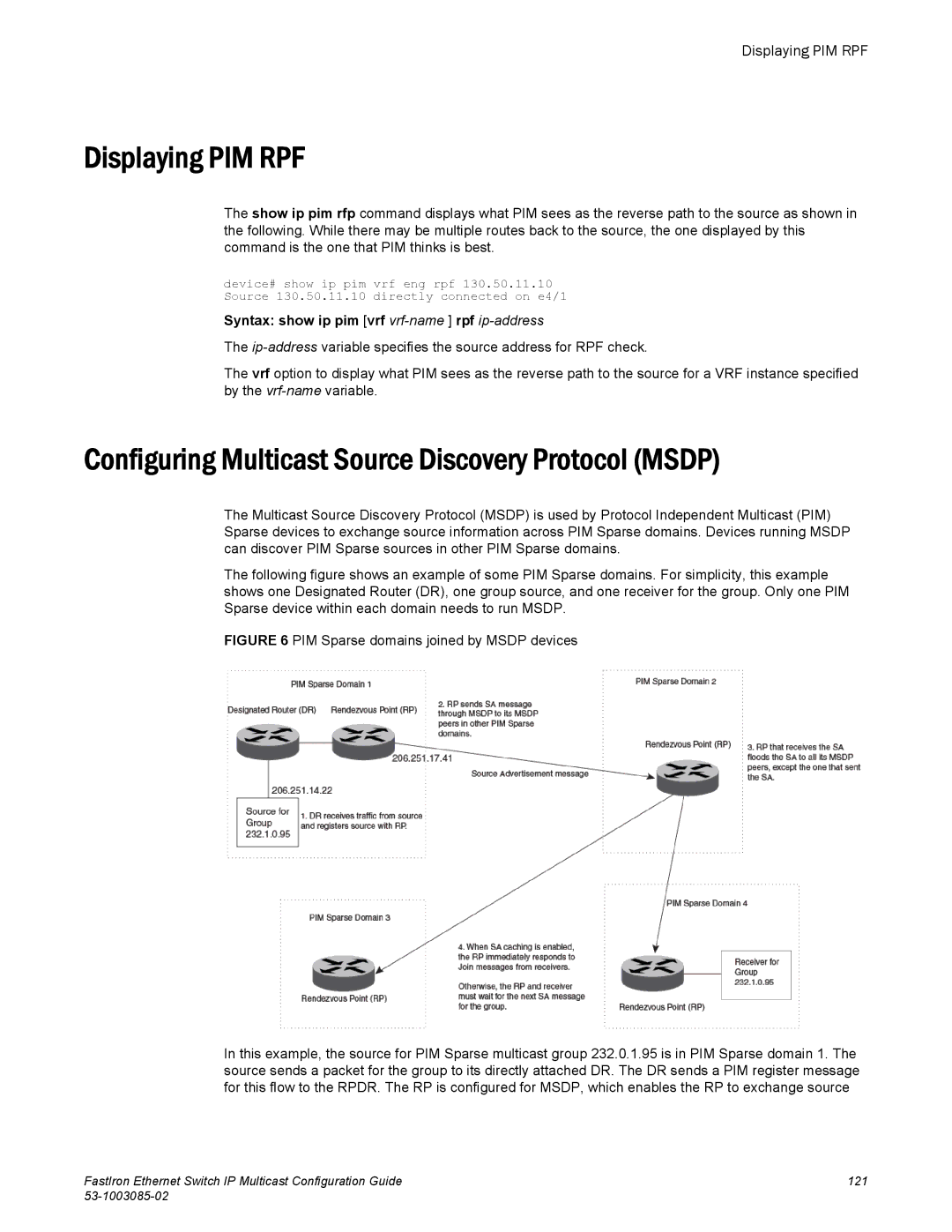 Brocade Communications Systems IPMC5000PEF manual Displaying PIM RPF, Configuring Multicast Source Discovery Protocol Msdp 