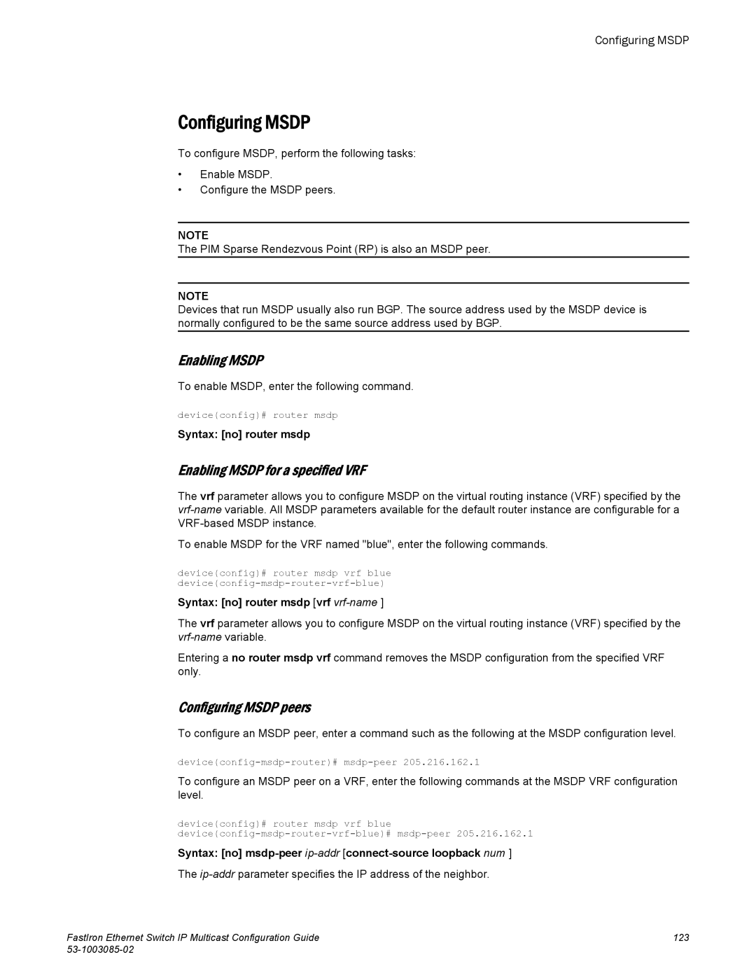 Brocade Communications Systems IPMC5000PEF manual Enabling Msdp for a specified VRF, Configuring Msdp peers 