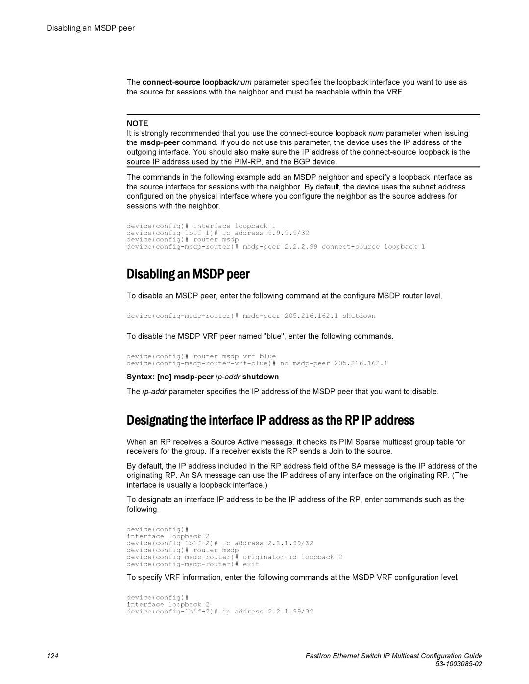 Brocade Communications Systems IPMC5000PEF manual Disabling an Msdp peer, Syntax no msdp-peer ip-addrshutdown 