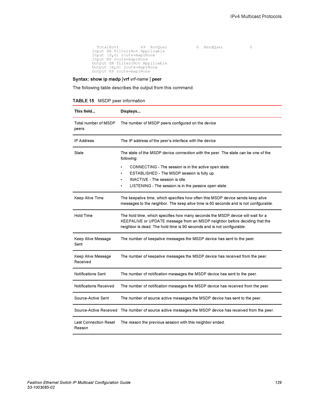 Brocade Communications Systems IPMC5000PEF manual Syntax show ip msdp vrf vrf-name peer, Msdp peer information 