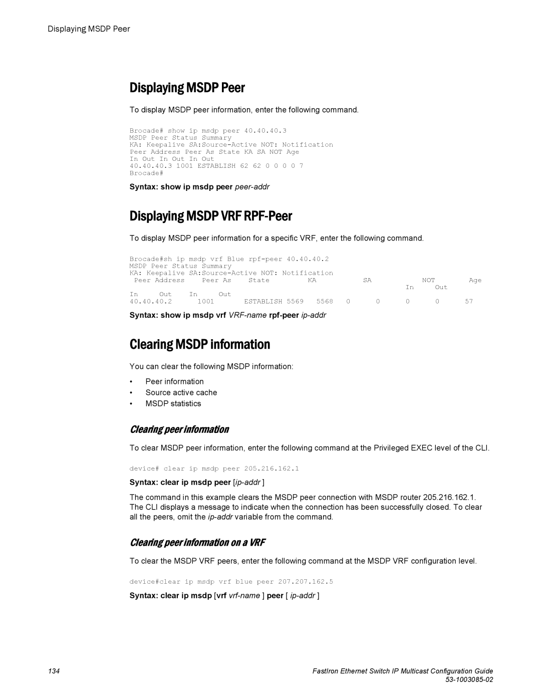 Brocade Communications Systems IPMC5000PEF Displaying Msdp Peer, Displaying Msdp VRF RPF-Peer, Clearing Msdp information 