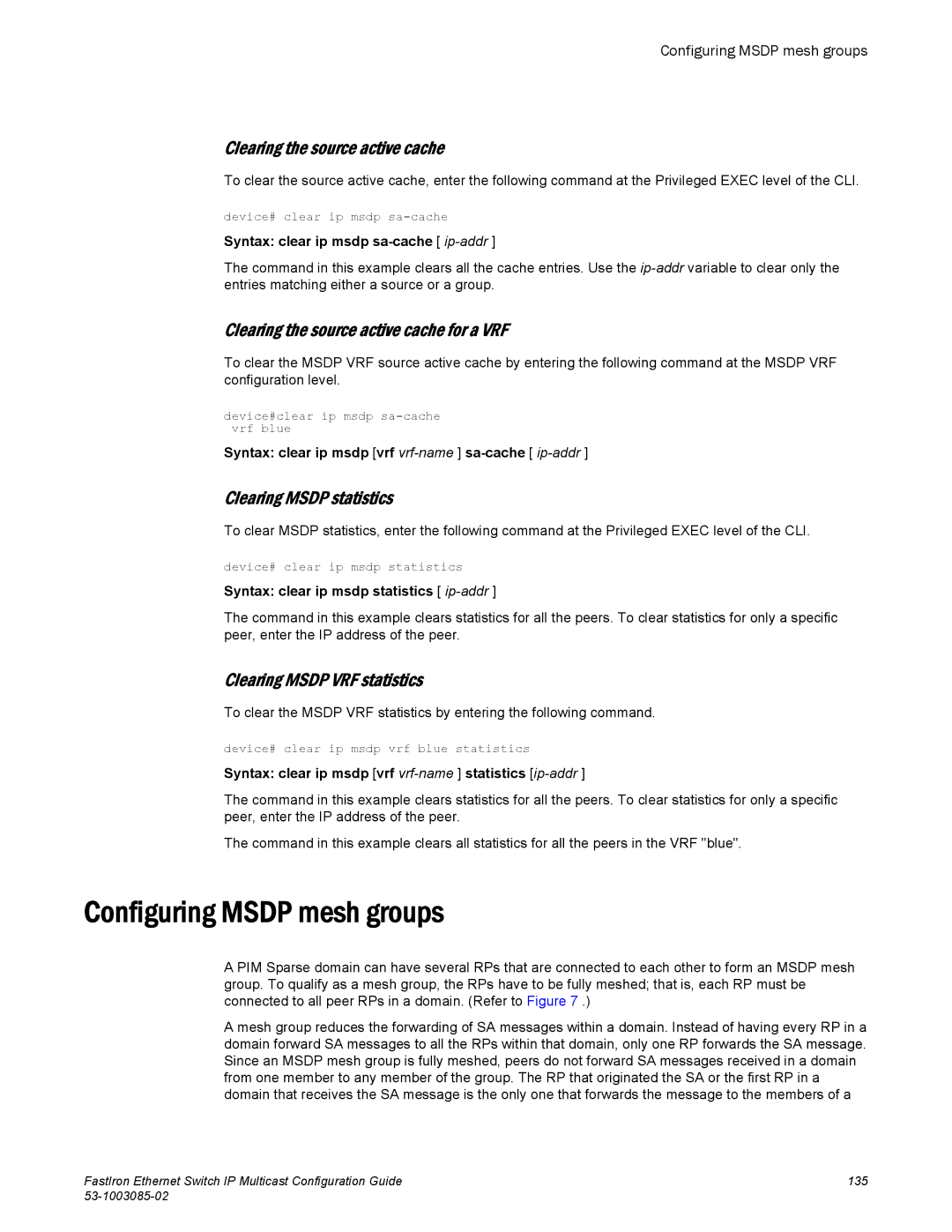 Brocade Communications Systems IPMC5000PEF manual Configuring Msdp mesh groups, Clearing the source active cache 