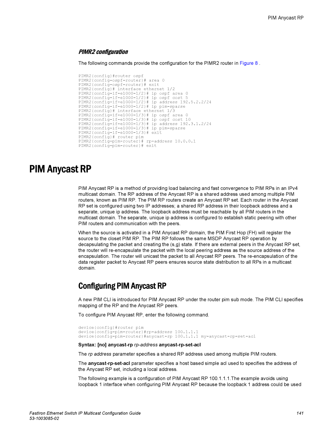 Brocade Communications Systems IPMC5000PEF manual Configuring PIM Anycast RP, PIMR2 configuration 