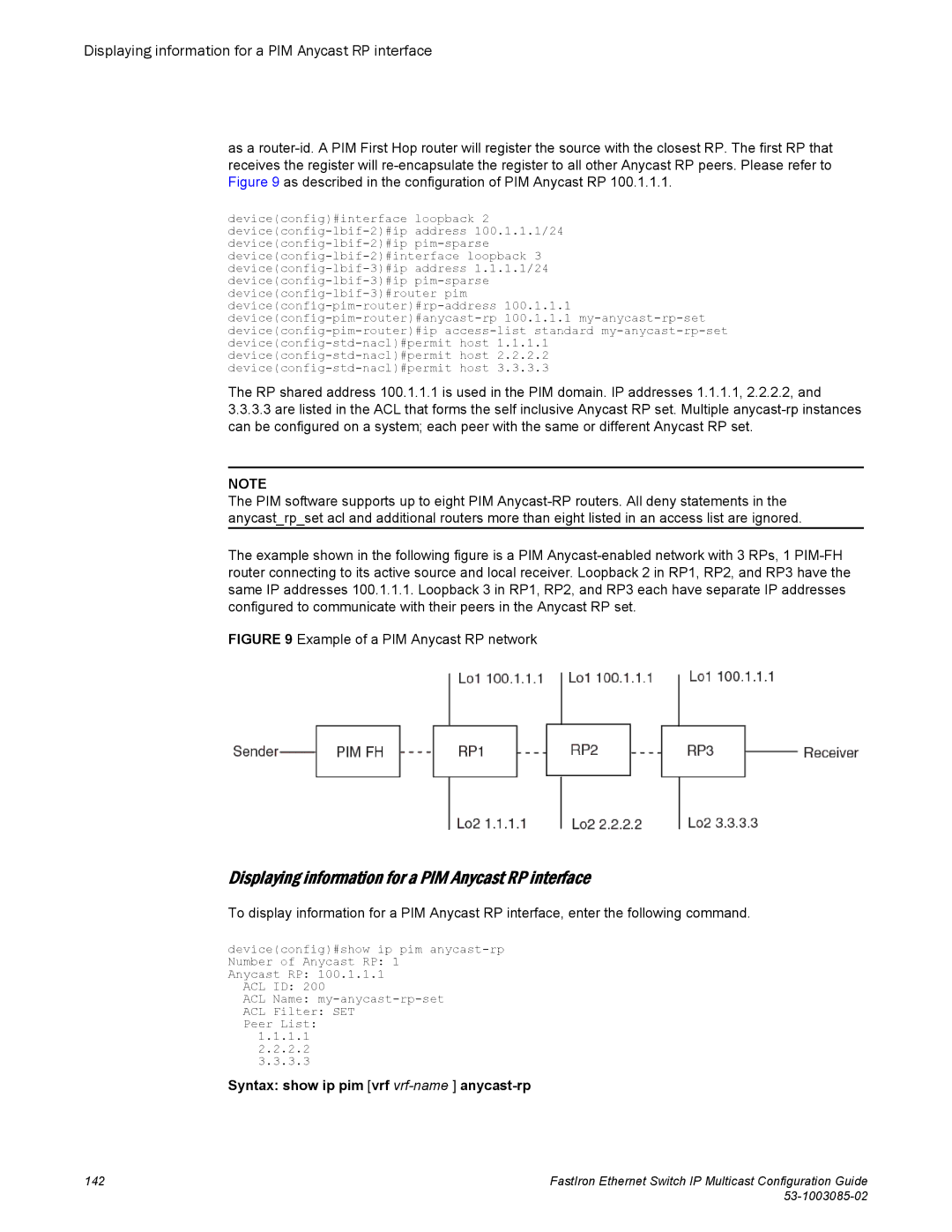 Brocade Communications Systems IPMC5000PEF manual Displaying information for a PIM Anycast RP interface 