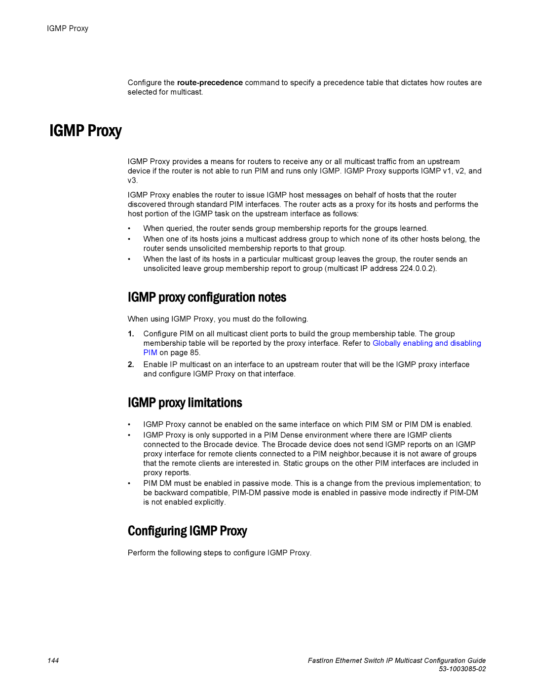 Brocade Communications Systems IPMC5000PEF manual Igmp Proxy, Igmp proxy configuration notes, Igmp proxy limitations 