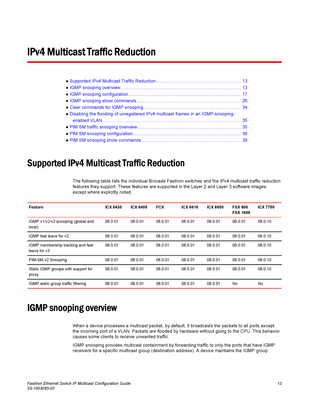 Brocade Communications Systems IPMC5000PEF manual Supported IPv4 Multicast Traffic Reduction, Igmp snooping overview 