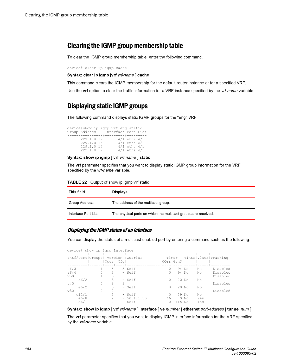 Brocade Communications Systems IPMC5000PEF manual Clearing the Igmp group membership table, Displaying static Igmp groups 