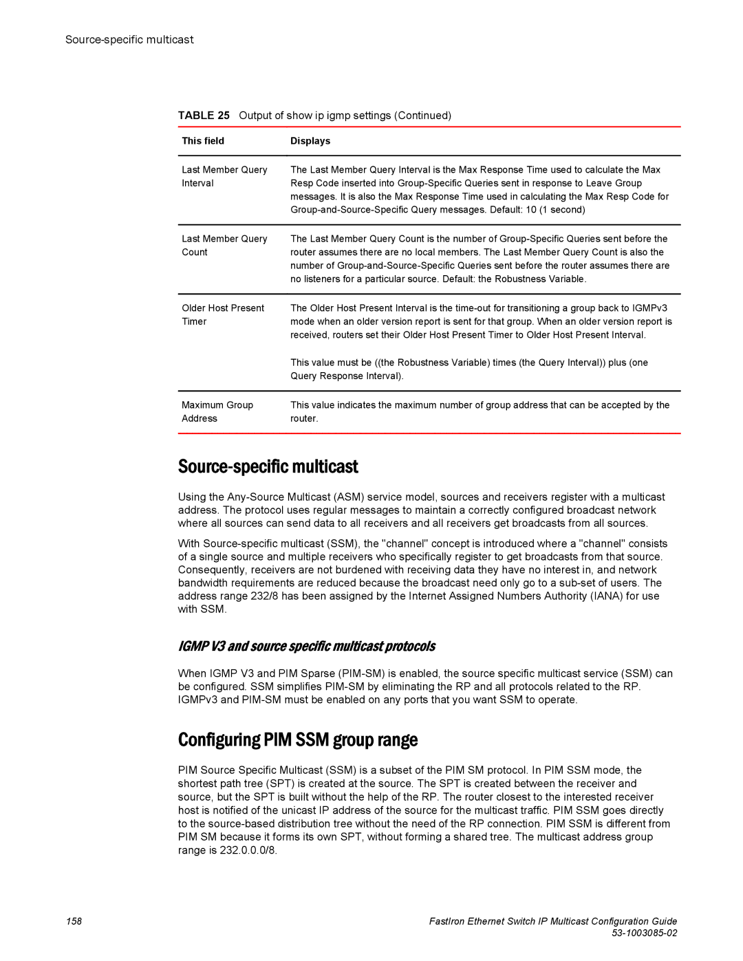 Brocade Communications Systems IPMC5000PEF manual Source-specific multicast, Configuring PIM SSM group range 