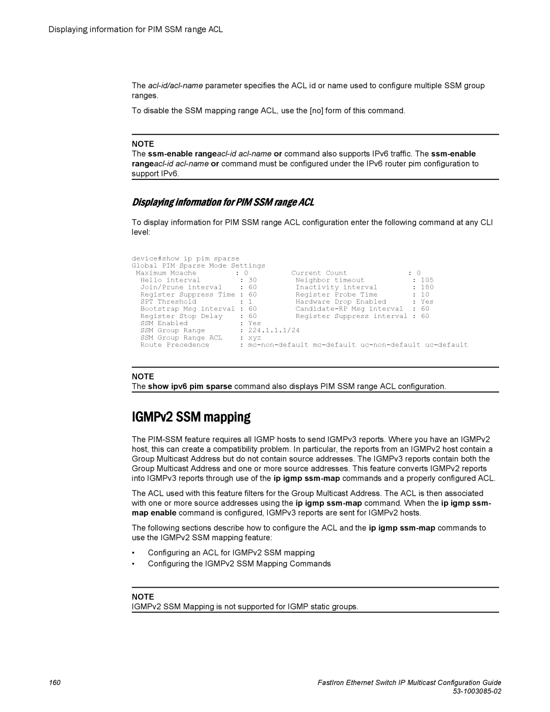 Brocade Communications Systems IPMC5000PEF manual IGMPv2 SSM mapping, Displaying information for PIM SSM range ACL 