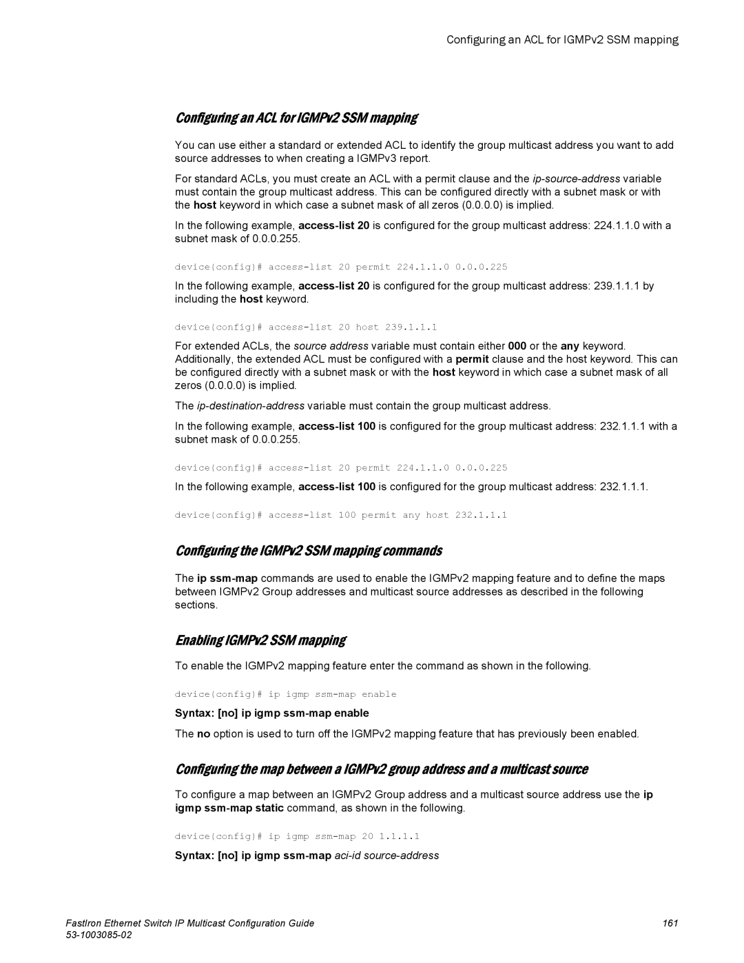 Brocade Communications Systems IPMC5000PEF manual Configuring an ACL for IGMPv2 SSM mapping, Enabling IGMPv2 SSM mapping 