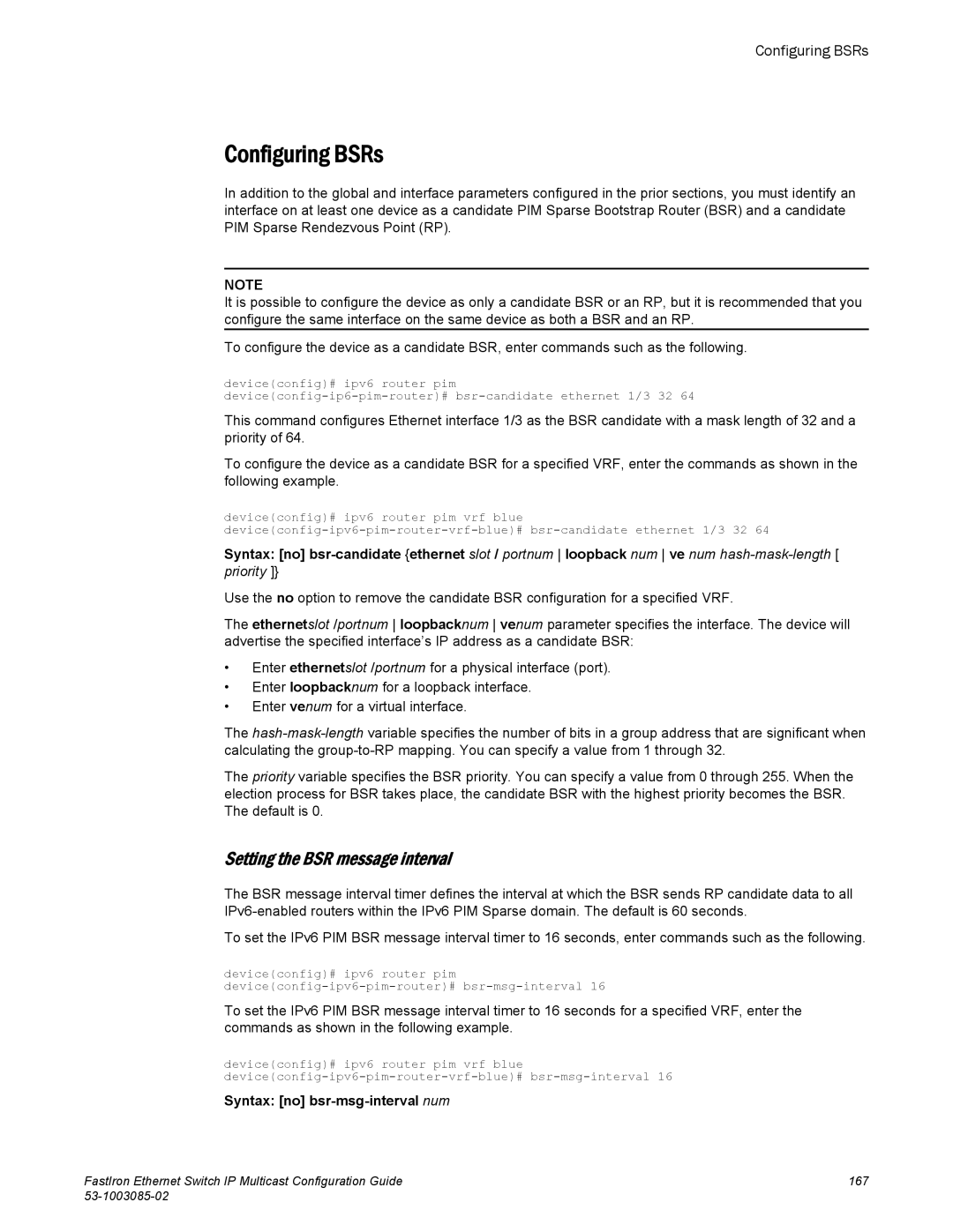 Brocade Communications Systems IPMC5000PEF manual Configuring BSRs, Setting the BSR message interval 