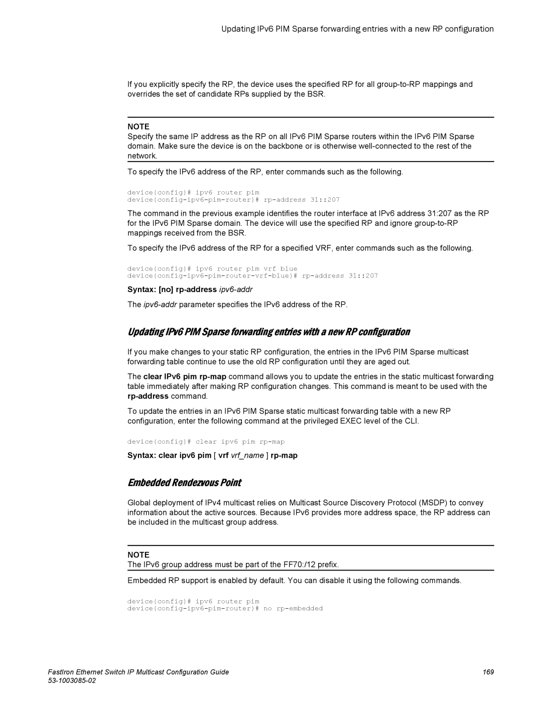 Brocade Communications Systems IPMC5000PEF manual Embedded Rendezvous Point, Syntax no rp-address ipv6-addr 