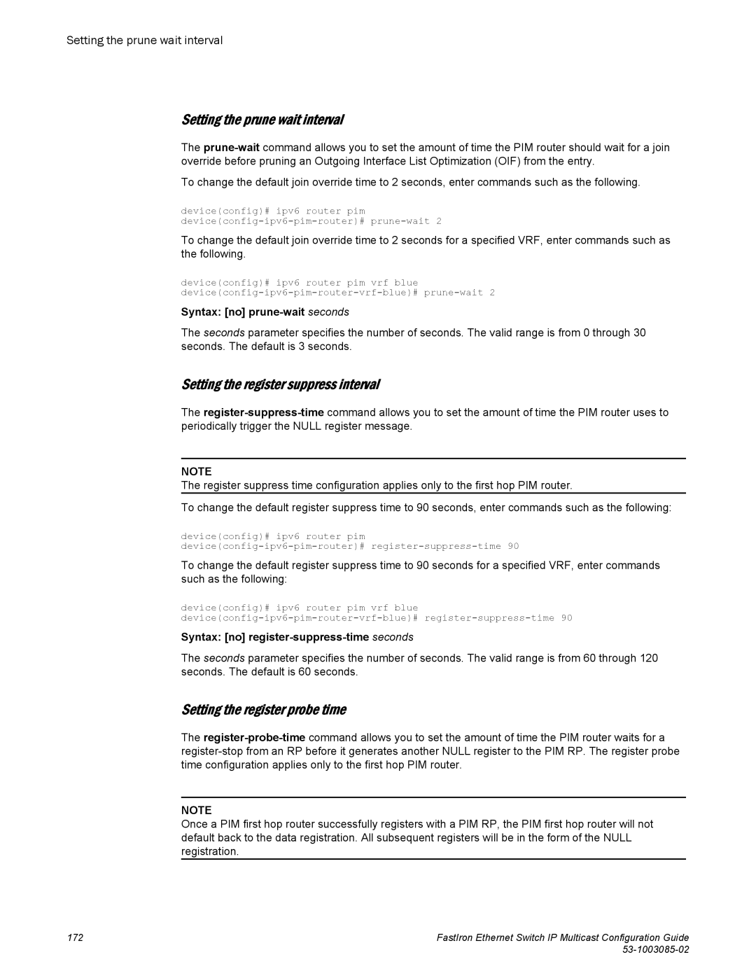 Brocade Communications Systems IPMC5000PEF manual Setting the prune wait interval, Setting the register suppress interval 