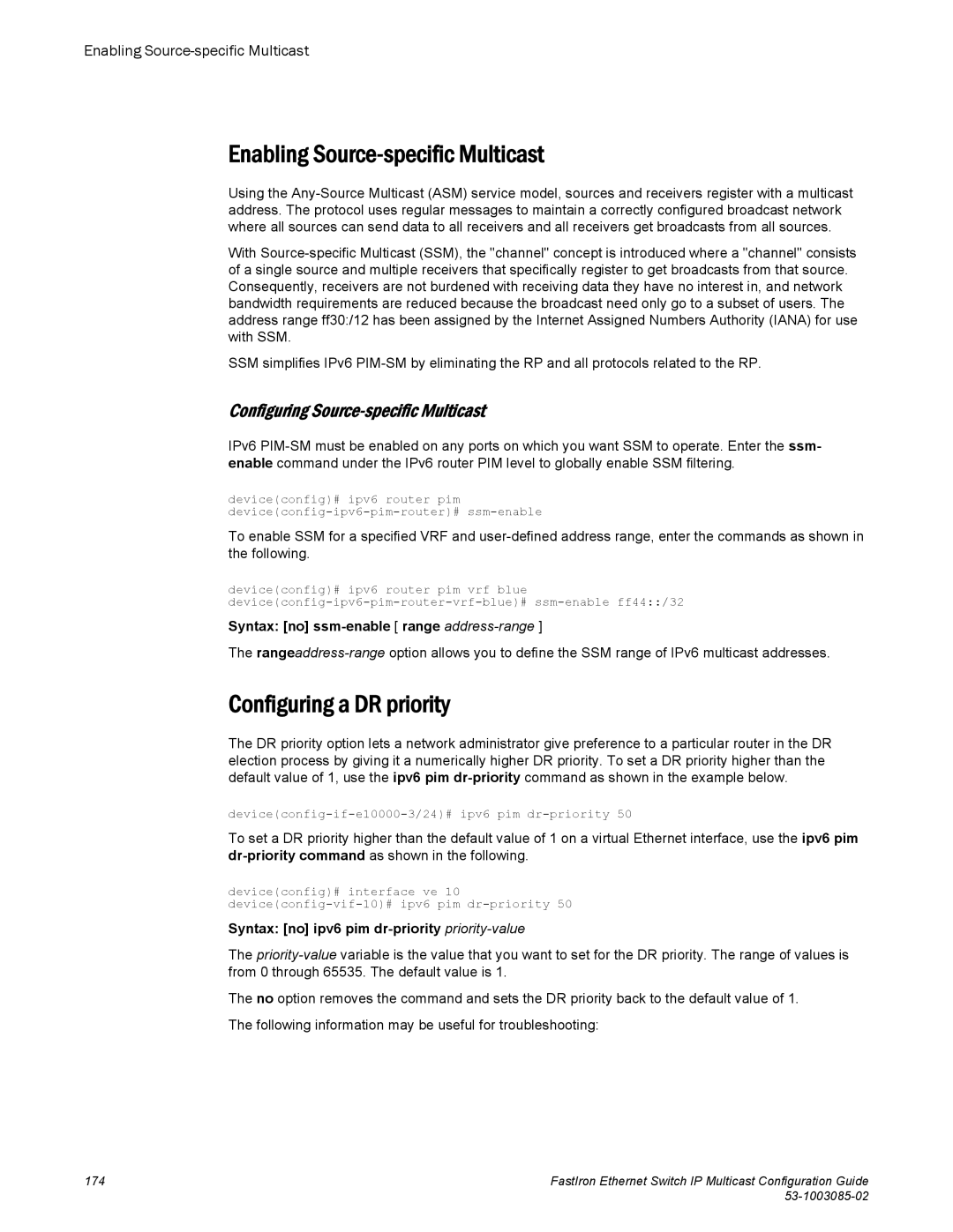 Brocade Communications Systems IPMC5000PEF manual Enabling Source-specific Multicast, Configuring Source-specific Multicast 