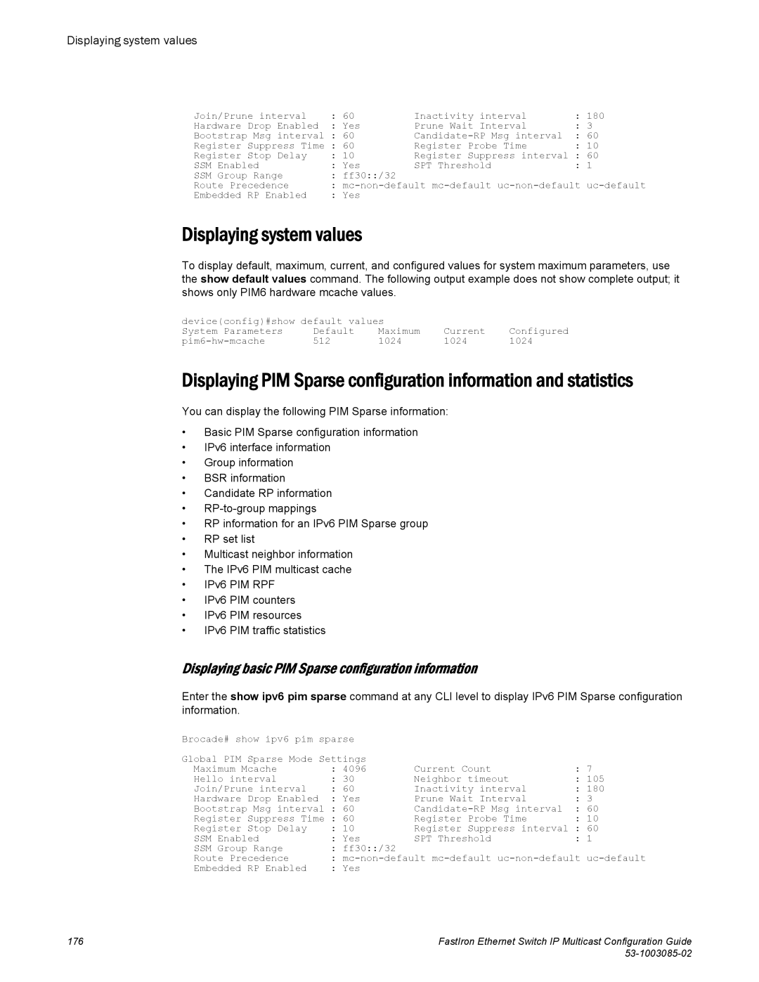 Brocade Communications Systems IPMC5000PEF Displaying system values, Displaying basic PIM Sparse configuration information 