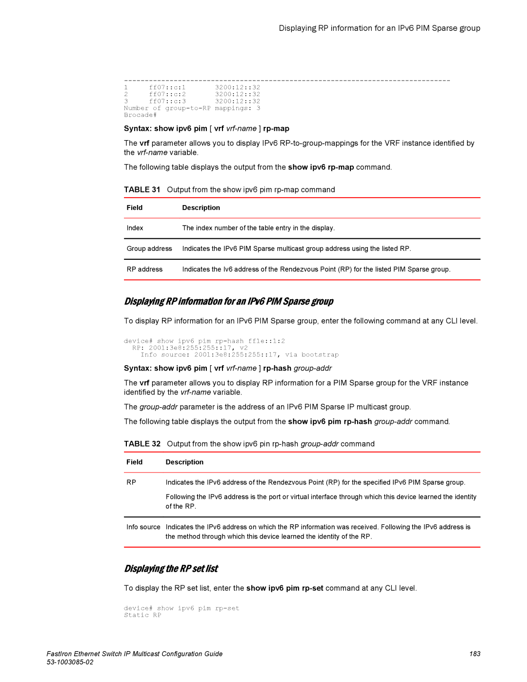 Brocade Communications Systems IPMC5000PEF manual Displaying RP information for an IPv6 PIM Sparse group 