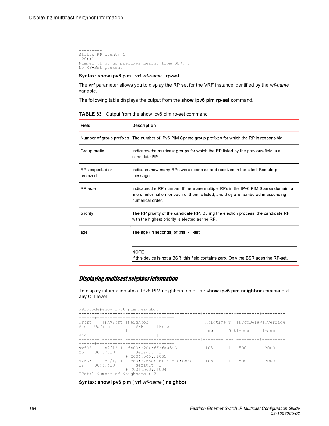 Brocade Communications Systems IPMC5000PEF manual Displaying multicast neighbor information 