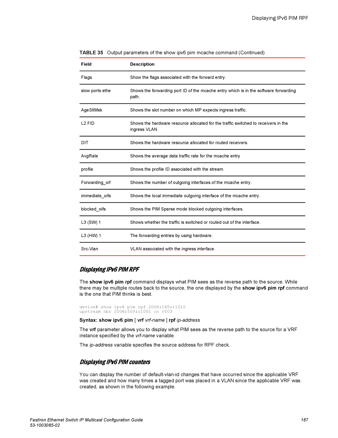 Brocade Communications Systems IPMC5000PEF manual Displaying IPv6 PIM RPF, Displaying IPv6 PIM counters 