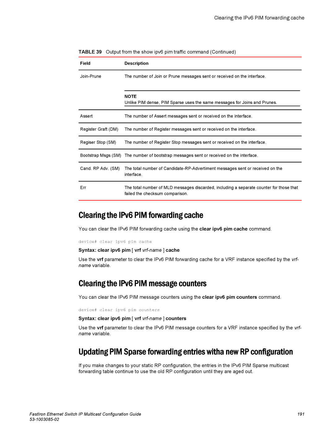 Brocade Communications Systems IPMC5000PEF Clearing the IPv6 PIM forwarding cache, Clearing the IPv6 PIM message counters 