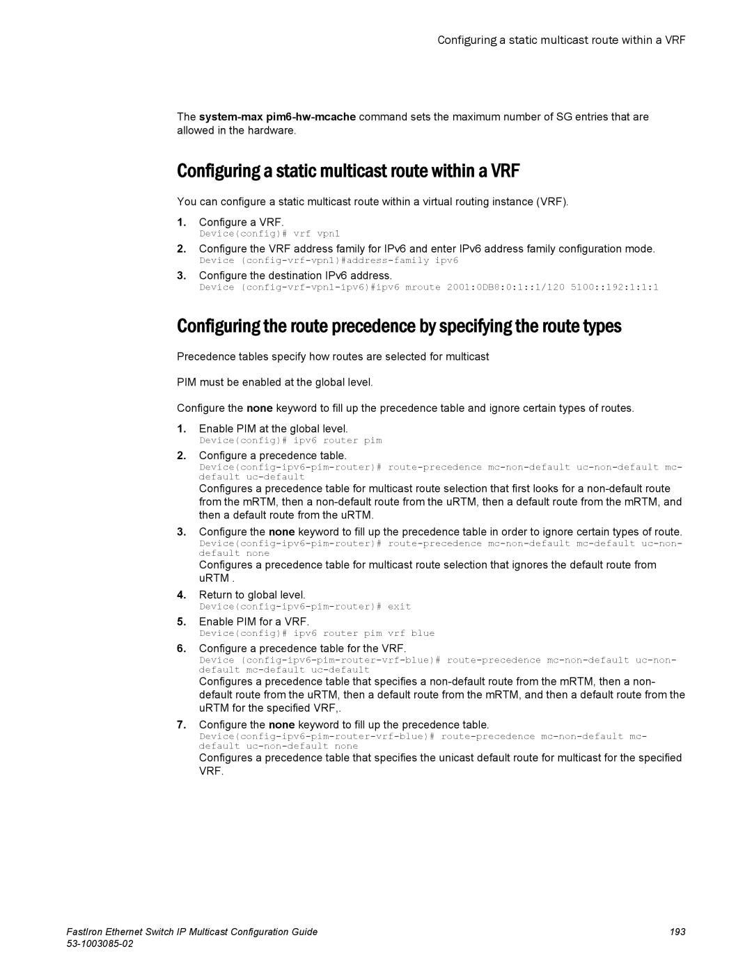 Brocade Communications Systems IPMC5000PEF manual Configuring a static multicast route within a VRF 