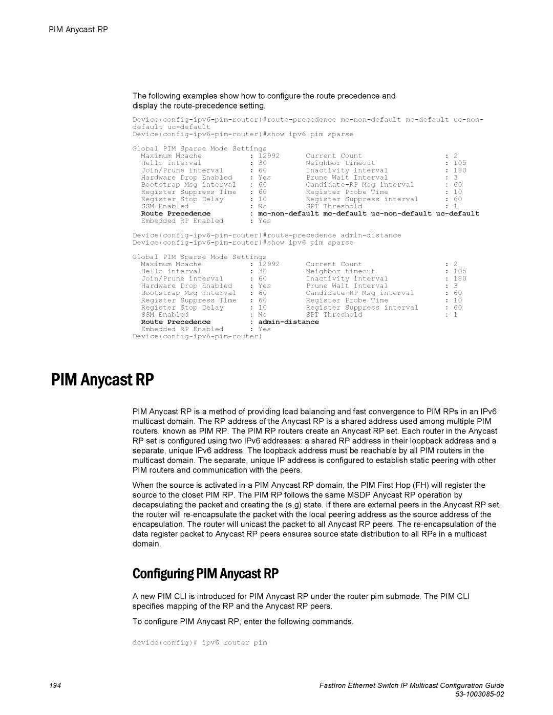 Brocade Communications Systems IPMC5000PEF manual Route Precedence Admin-distance 