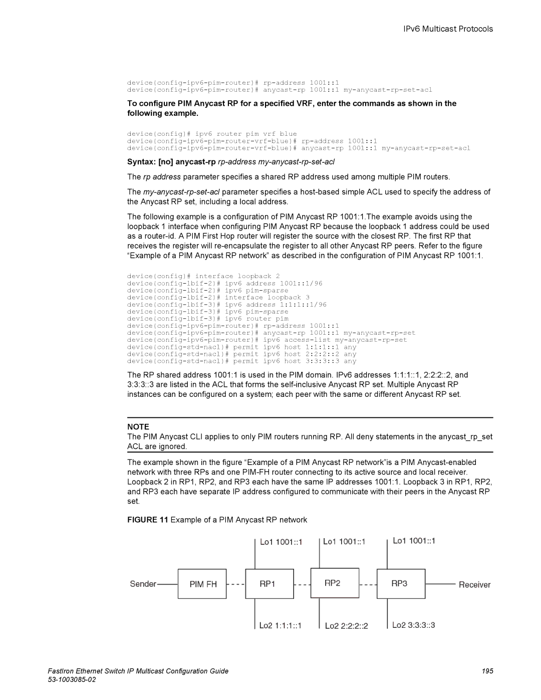 Brocade Communications Systems IPMC5000PEF manual Syntax no anycast-rprp-address my-anycast-rp-set-acl 