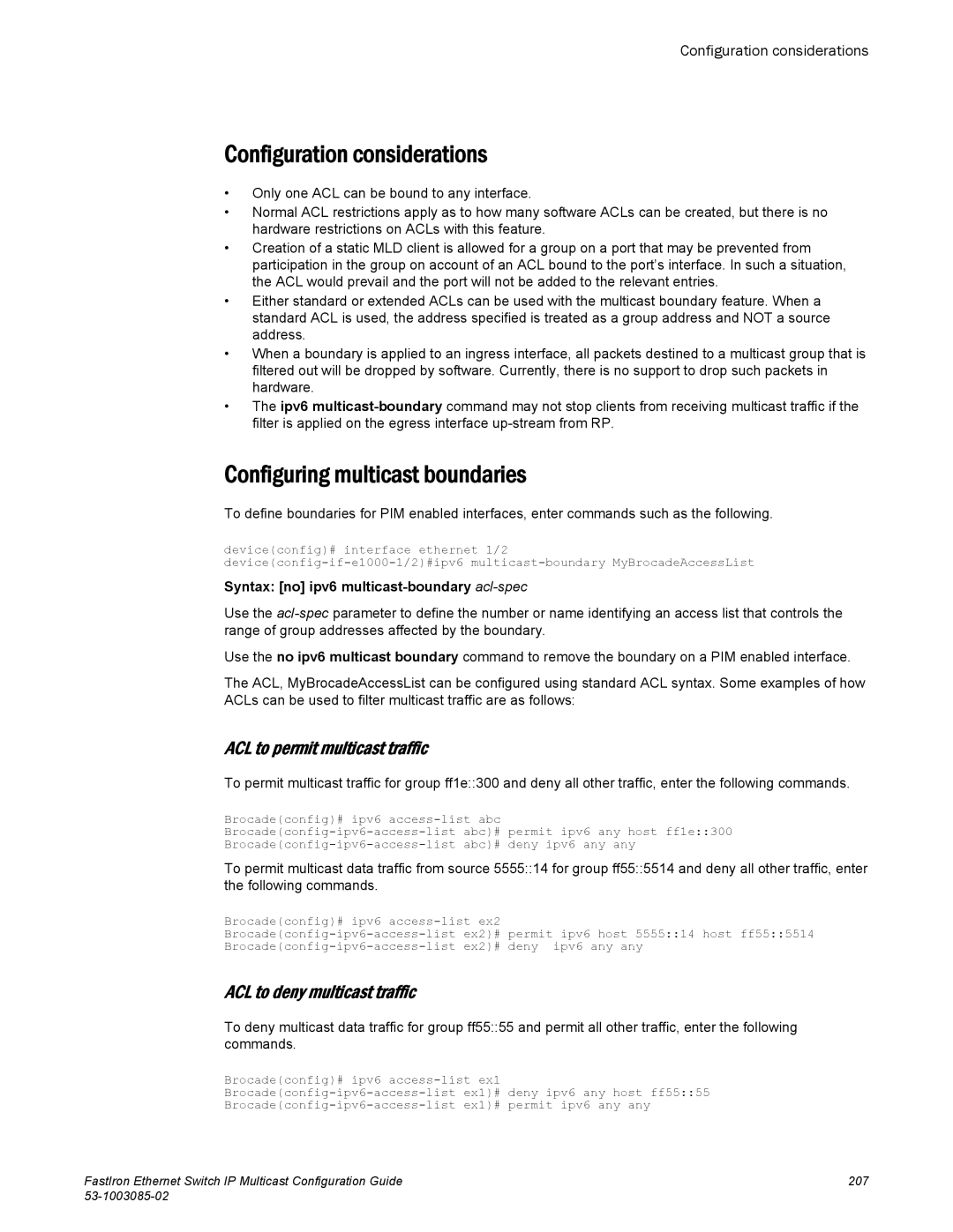 Brocade Communications Systems IPMC5000PEF manual ACL to permit multicast traffic, ACL to deny multicast traffic 