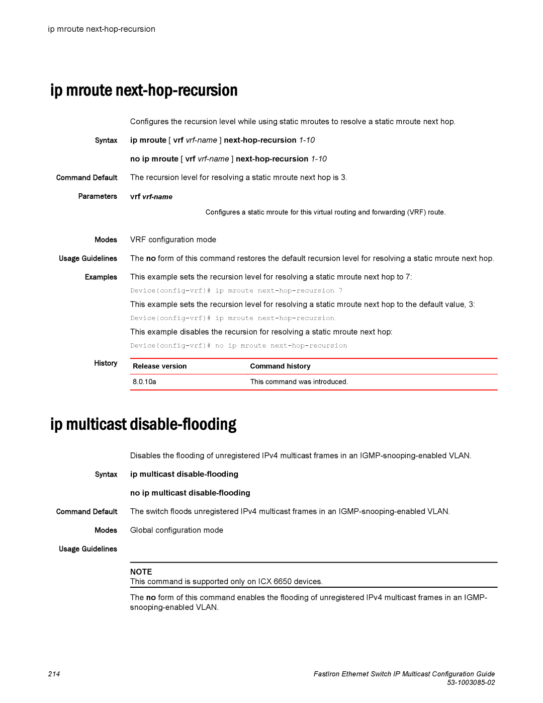 Brocade Communications Systems IPMC5000PEF manual Ip mroute next-hop-recursion, Ip multicast disable-flooding 